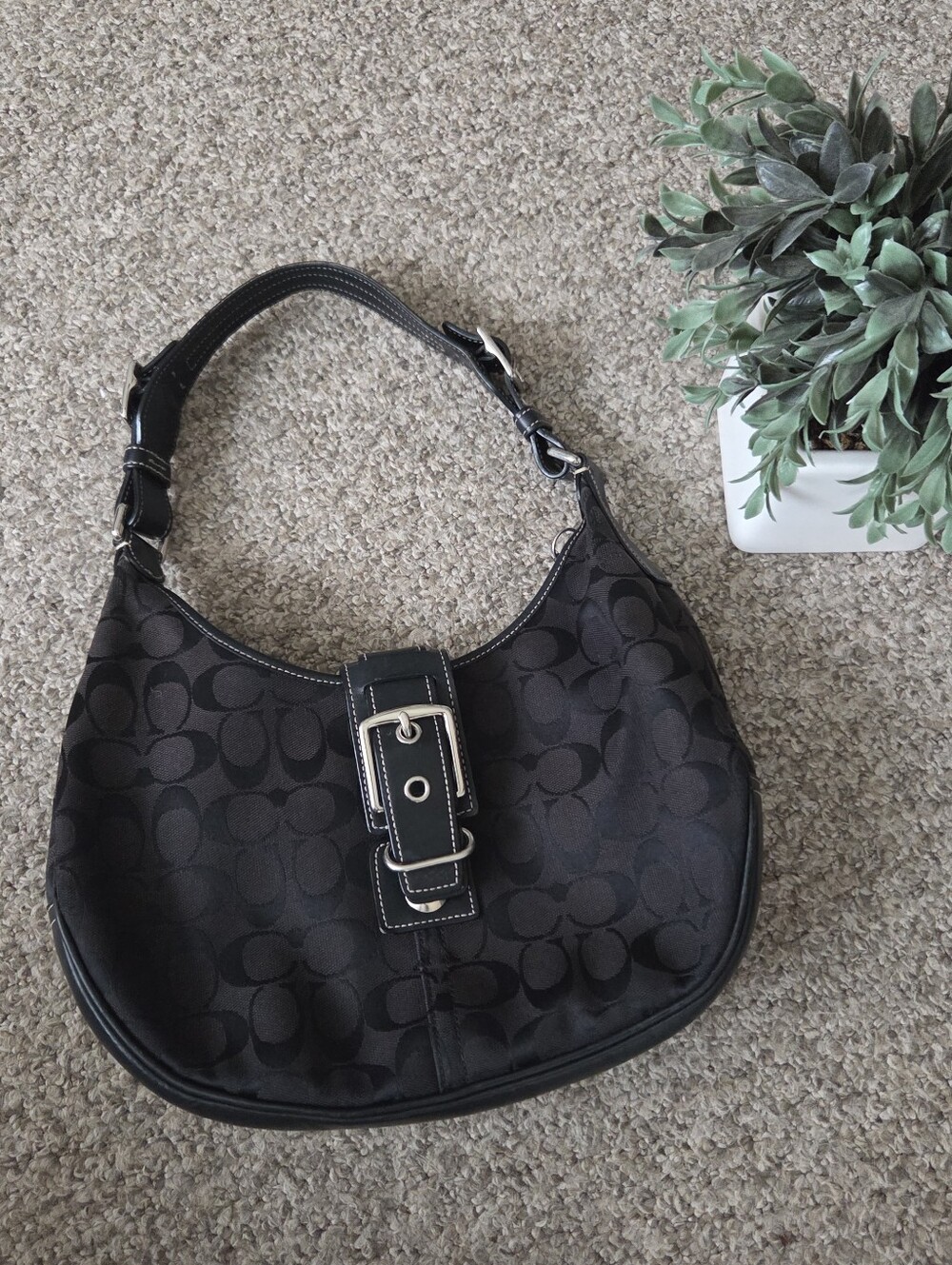 Coach Vtg Y2K Signature Jacquard Hobo Shoulder Bag Buckle Black E3J-6363